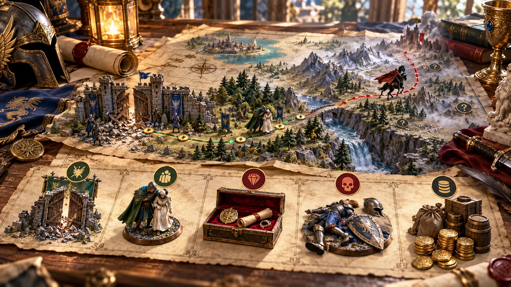 Fantasy illustration of a mission route with a fortress, rescued civilians, evidence, casualties and supplies