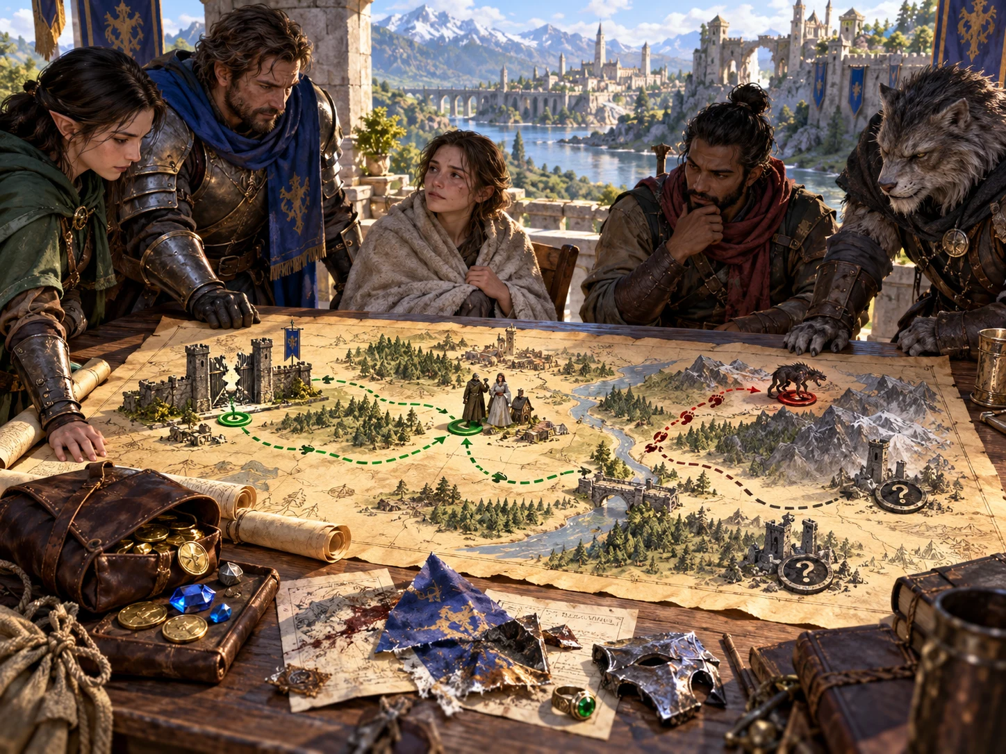 Fantasy illustration of an adventuring group reviewing a mission aftermath map beside a damaged standard and recovered treasure