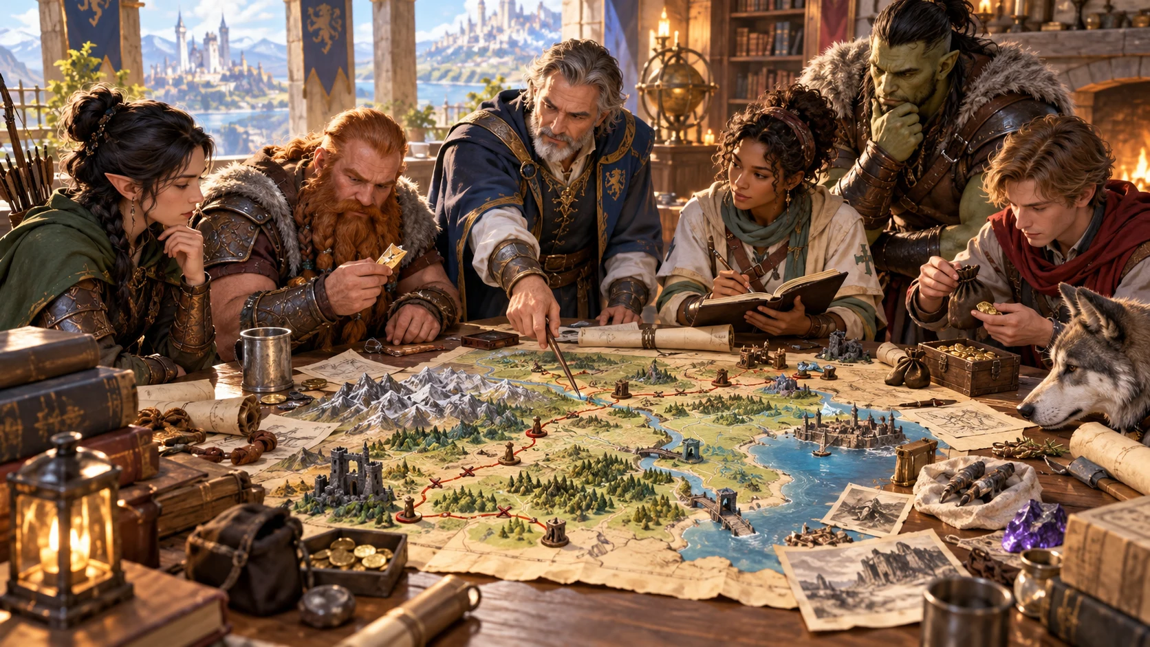 Fantasy illustration of an adventuring group reviewing a route map, notes and evidence together